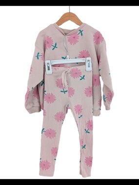 Zara Pink Floral Ribbed Set with Leaf Accents